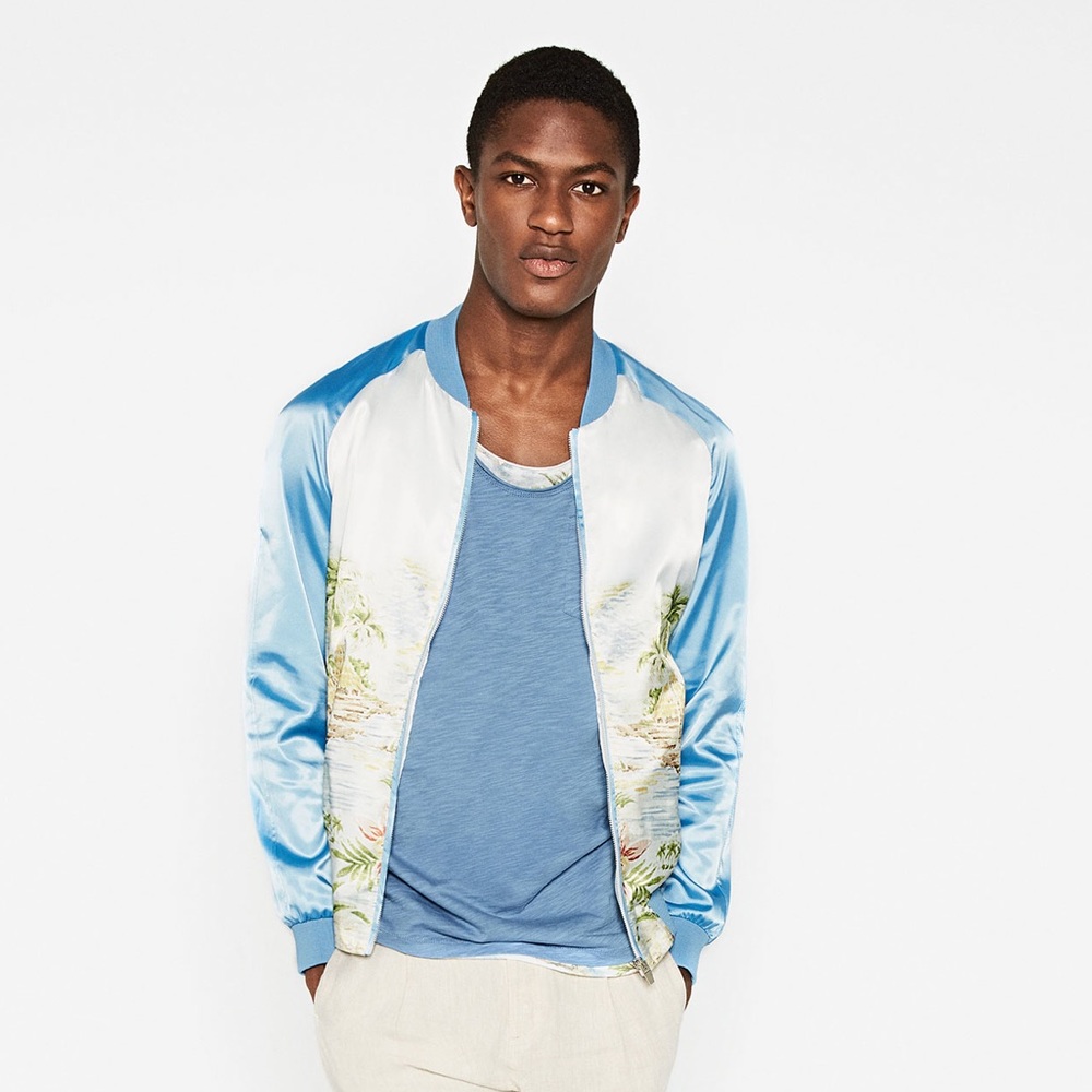 Zara Sky Blue Printed Bomber Jacket